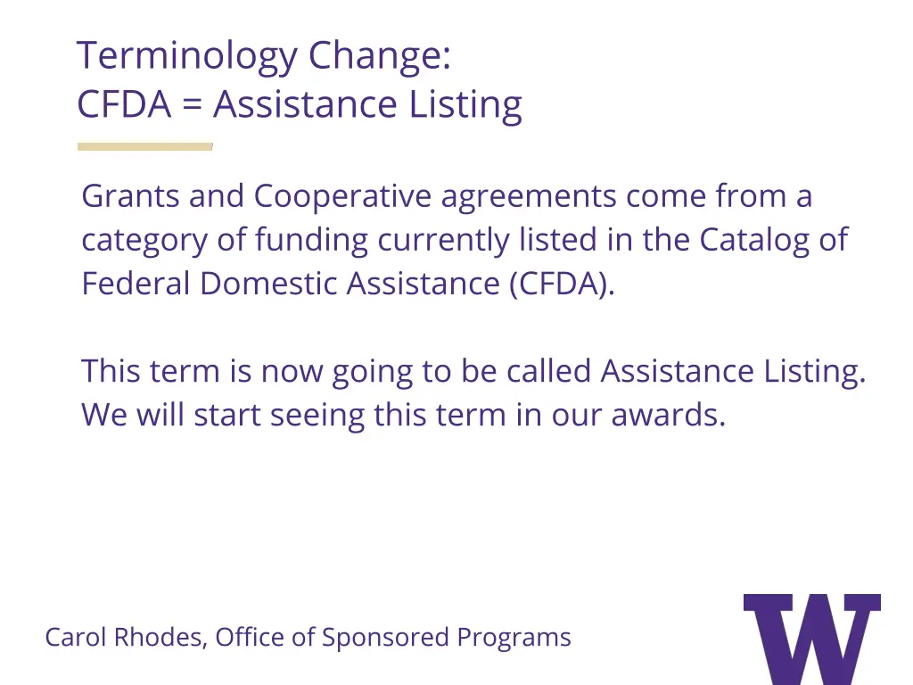 terminology change cfda assistance listing