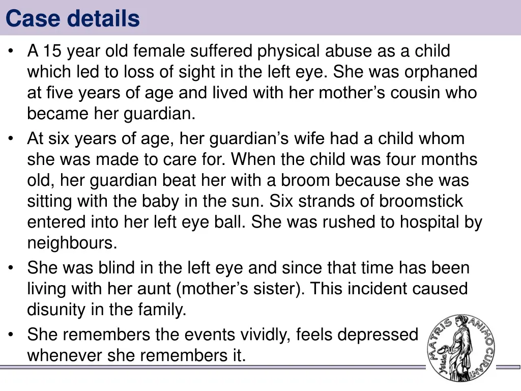 case details a 15 year old female suffered