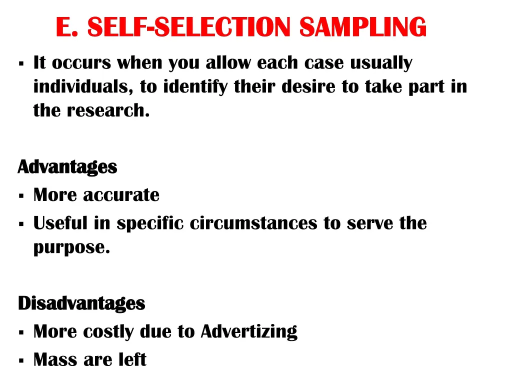 e self e self selection sampling selection