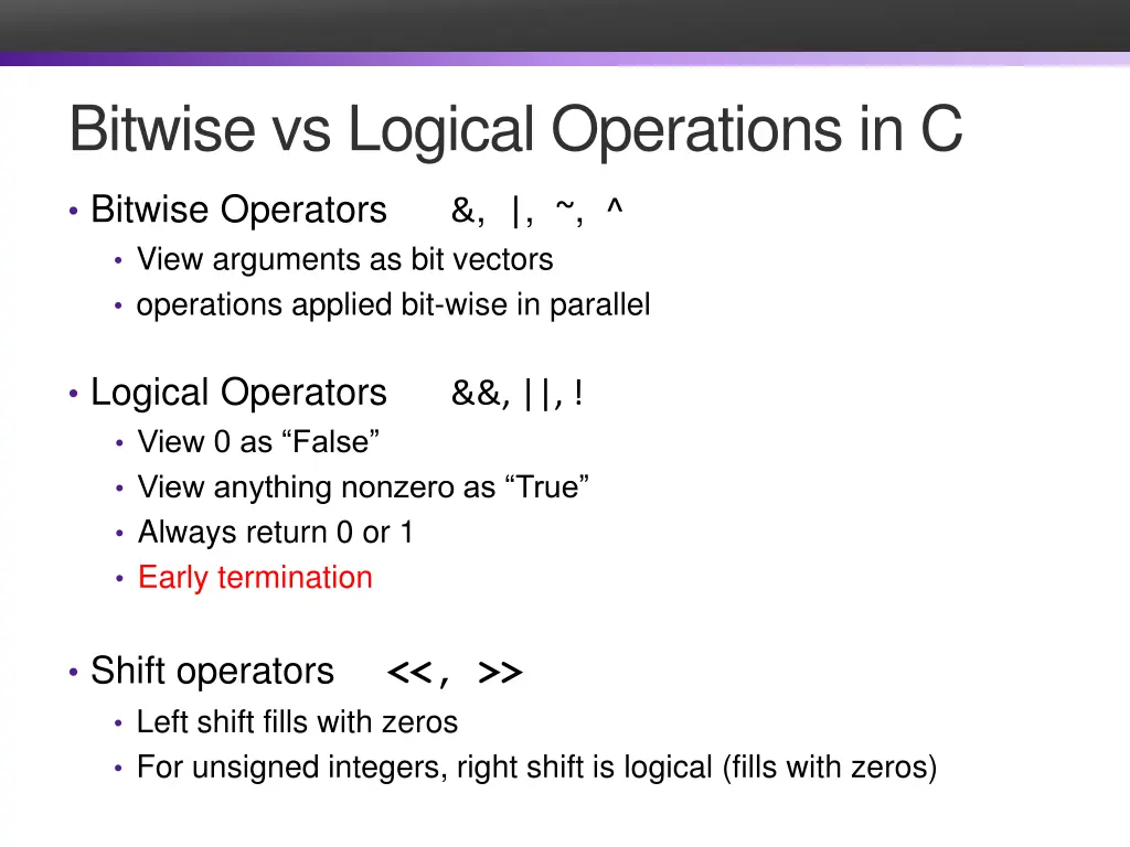 bitwise vs logical operations in c