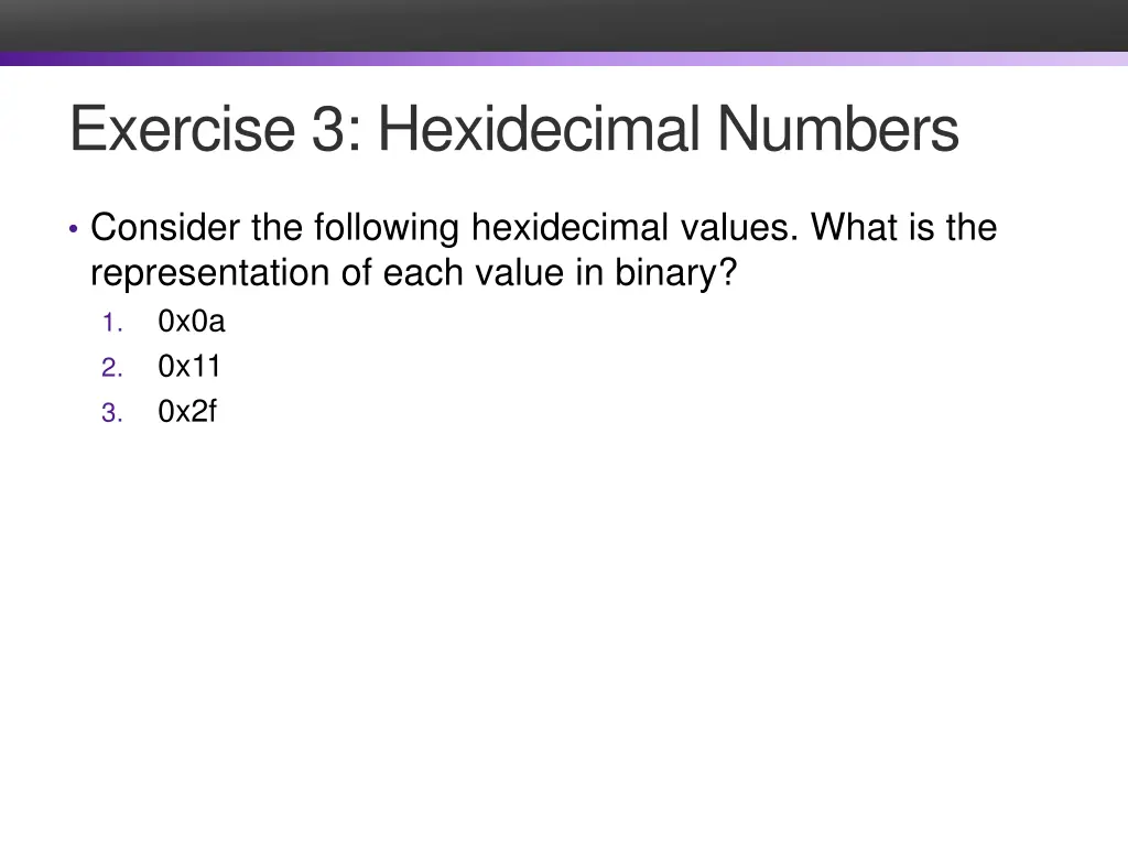 exercise 3 hexidecimal numbers