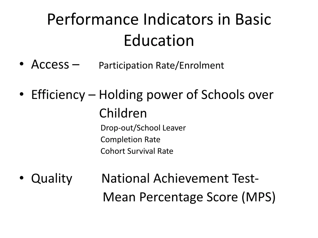 performance indicators in basic education access