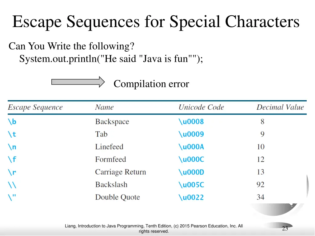 escape sequences for special characters