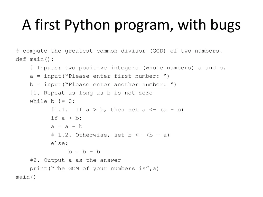 a first python program with bugs