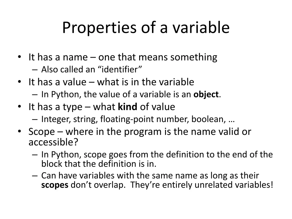 properties of a variable