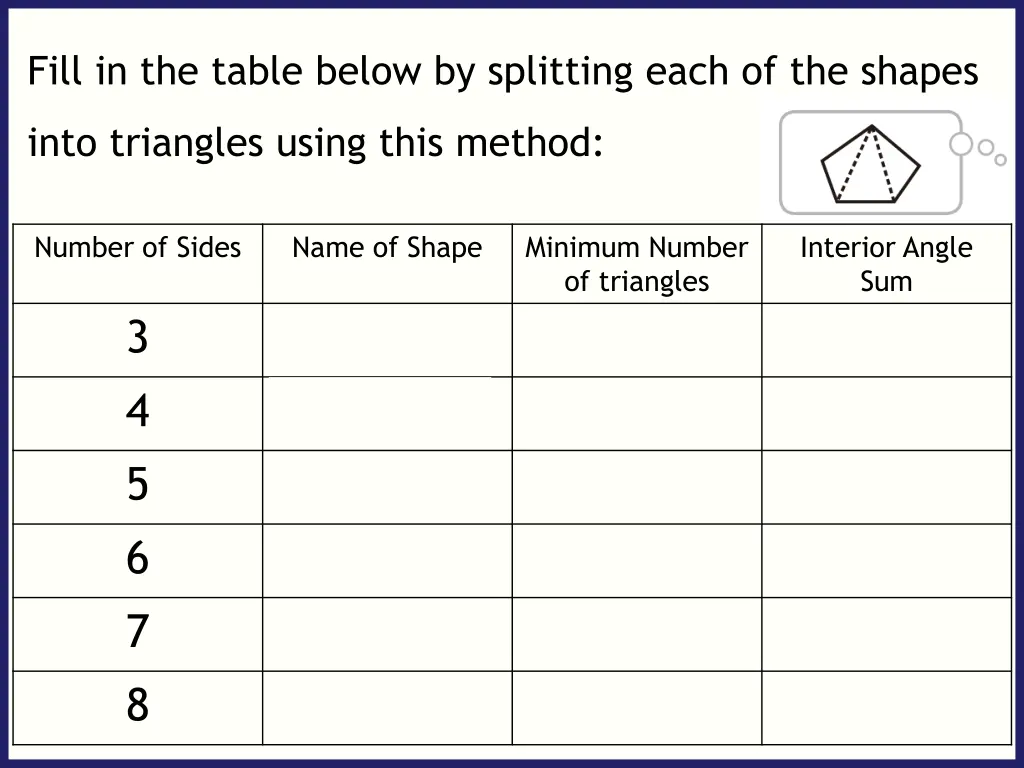 fill in the table below by splitting each