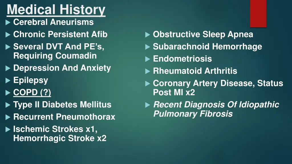 medical history cerebral aneurisms chronic