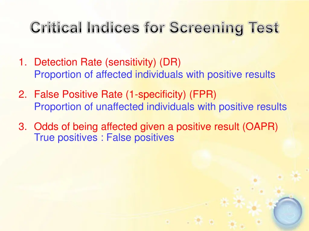 critical indices for screening test