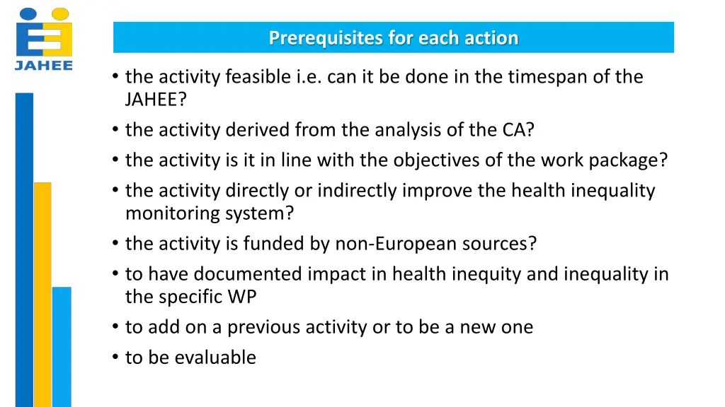 prerequisites for each action