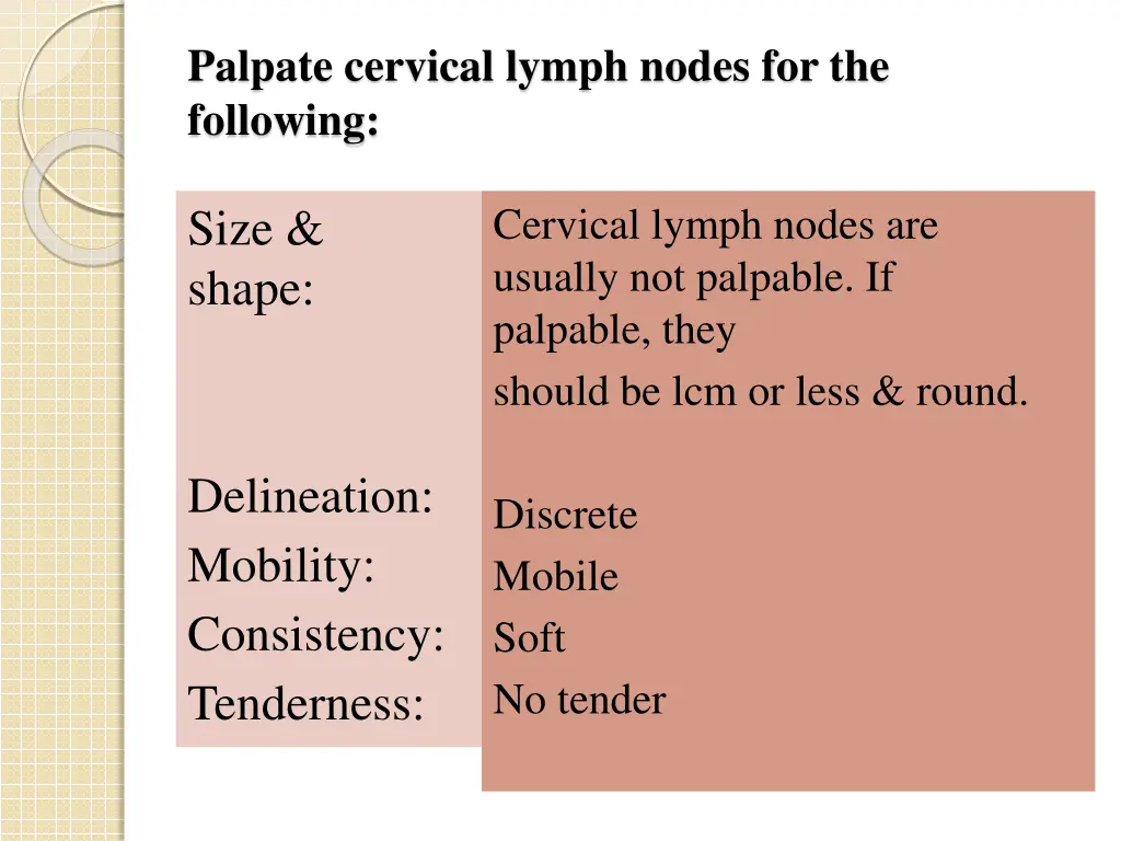 palpate cervical lymph nodes for the following