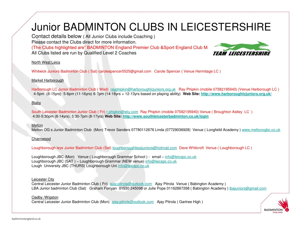 junior badminton clubs in leicestershire contact