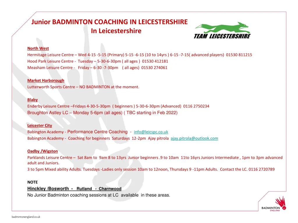 junior badminton coaching in leicestershire