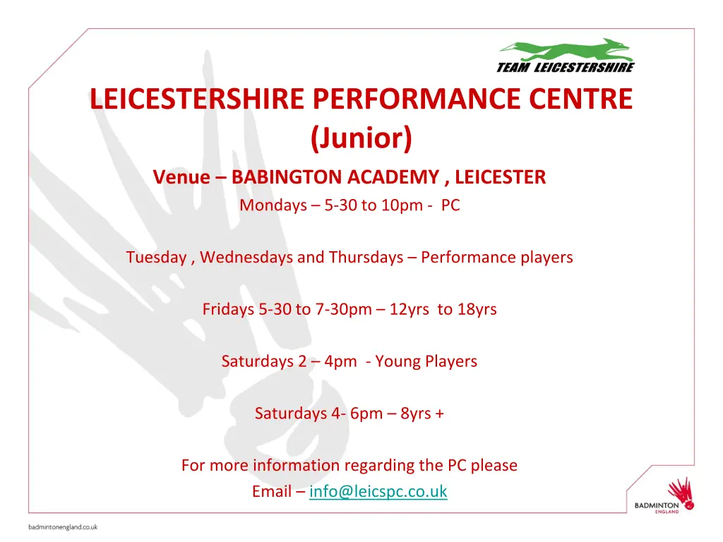 leicestershire performance centre junior