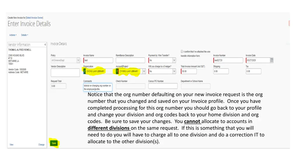 notice that the org number defaulting on your