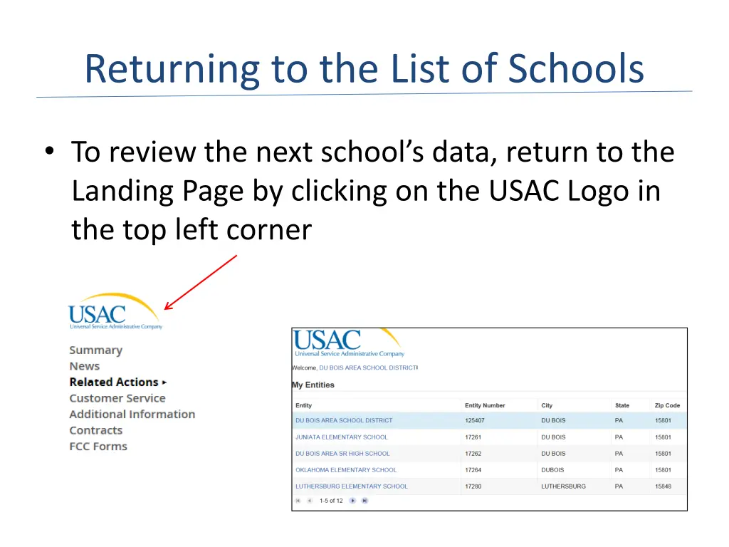 returning to the list of schools