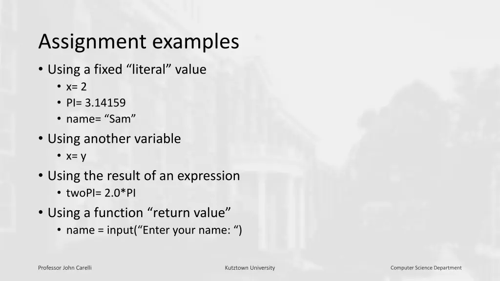 assignment examples using a fixed literal value