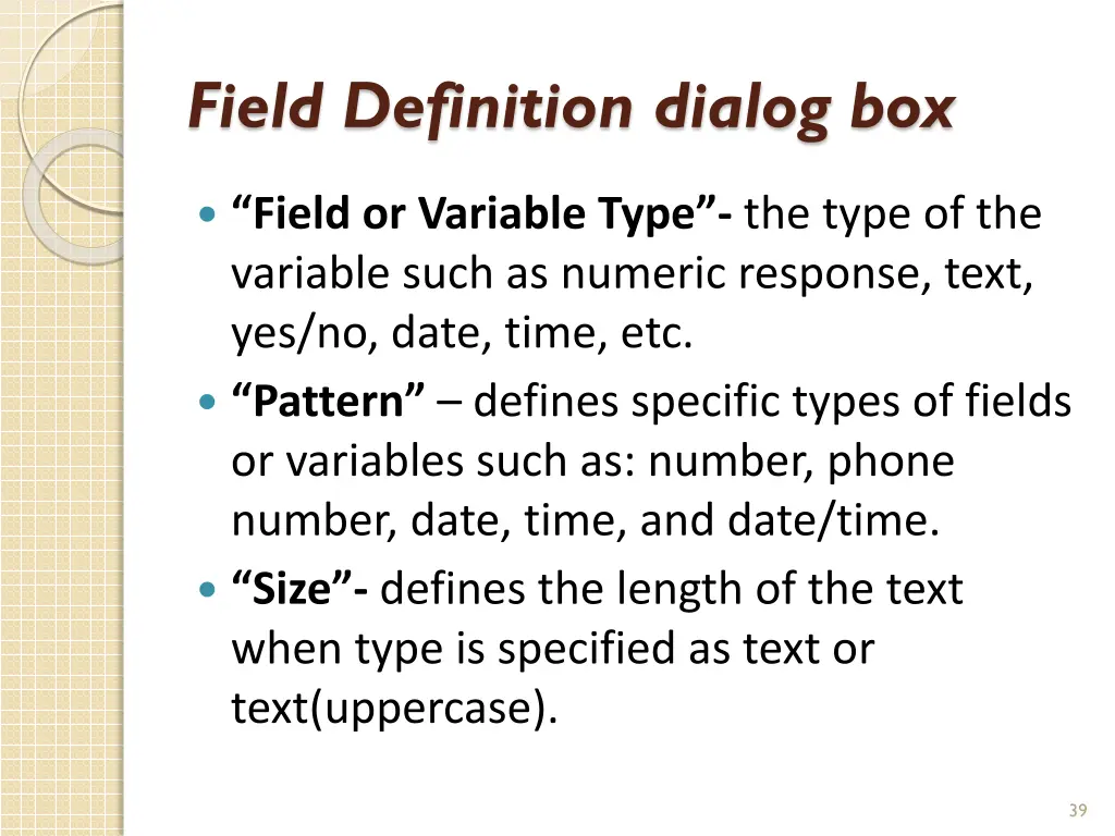 field definition dialog box
