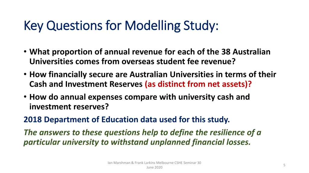 key questions for modelling study key questions