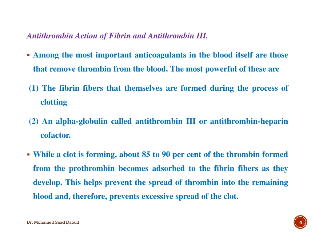 antithrombin action of fibrin and antithrombin iii