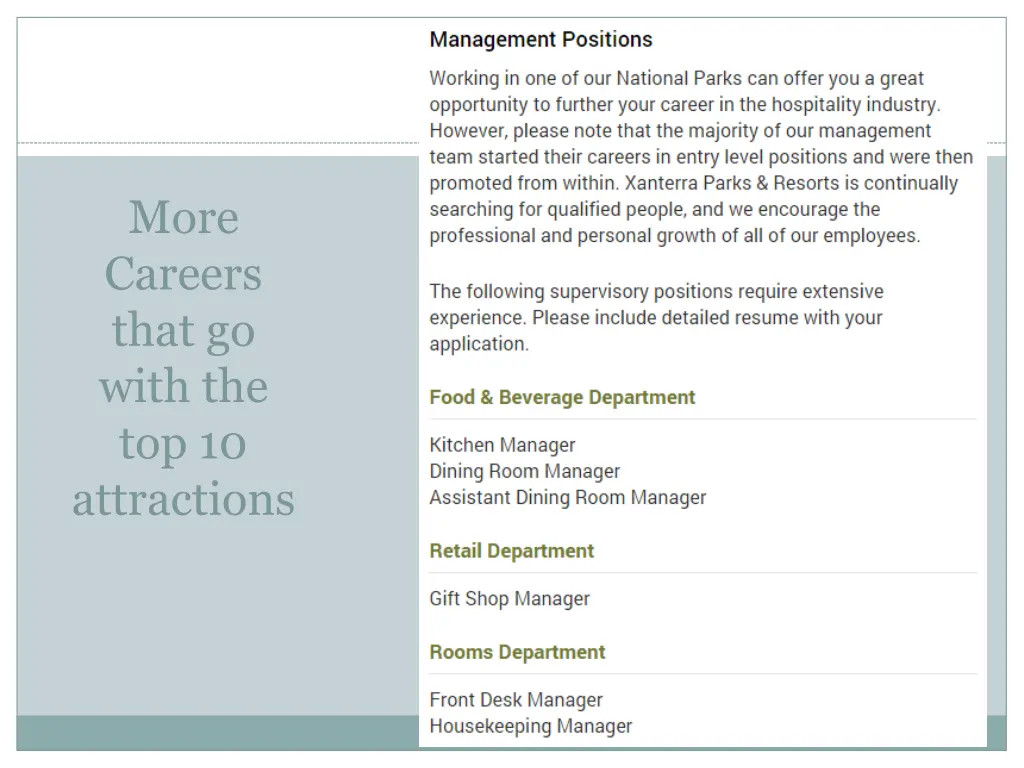 more careers that go with the top 10 attractions