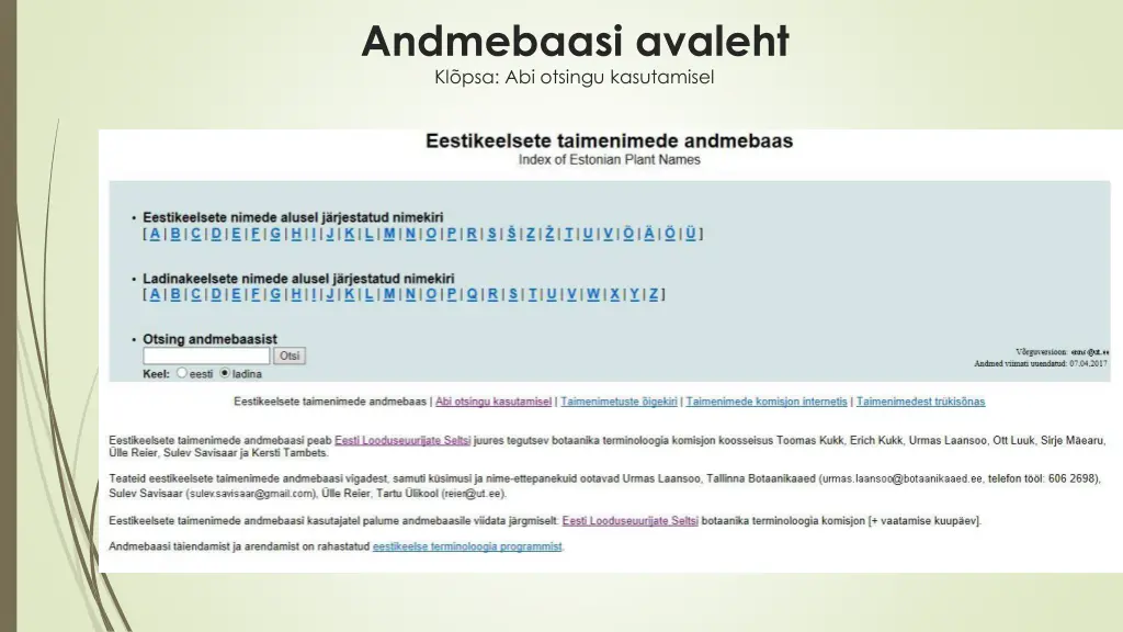andmebaasi avaleht kl psa abi otsingu kasutamisel