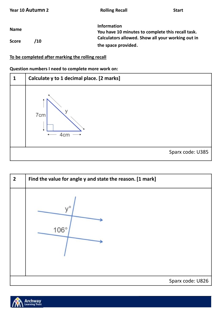 year 10 autumn 2 rolling recall start