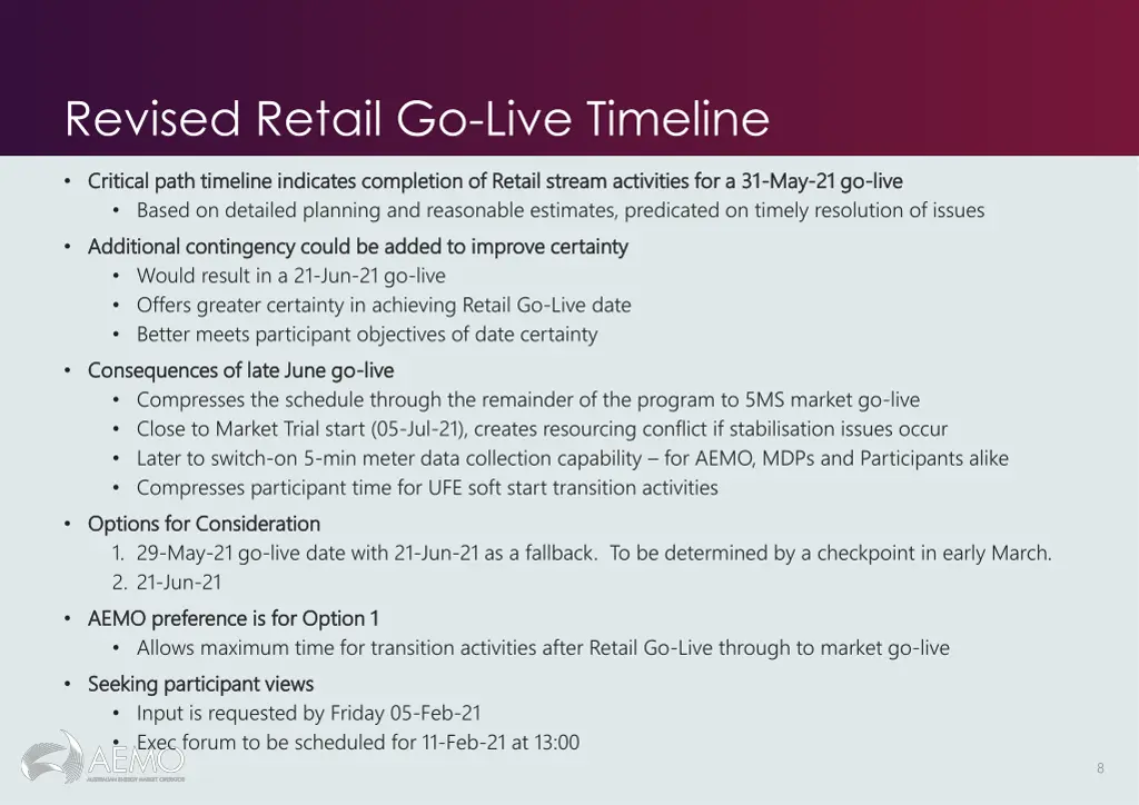 revised retail go live timeline