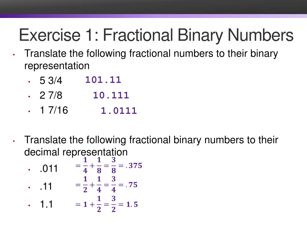 exercise 1 fractional binary numbers translate 1