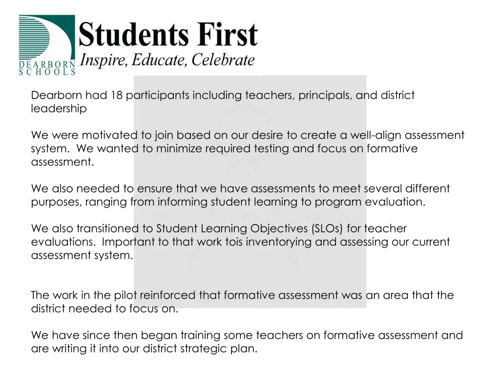 dearborn had 18 participants including teachers