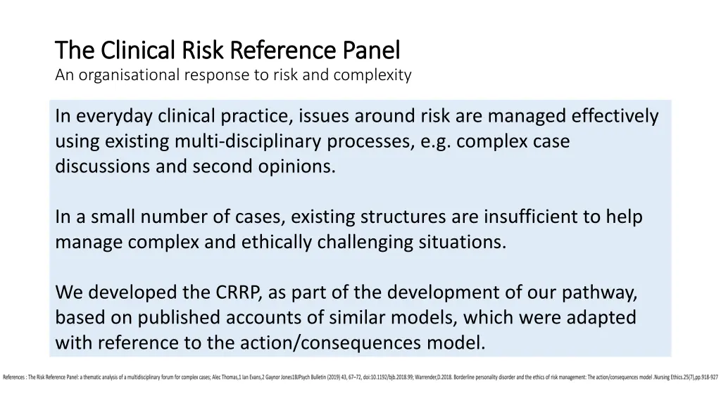 the clinical risk reference panel the clinical