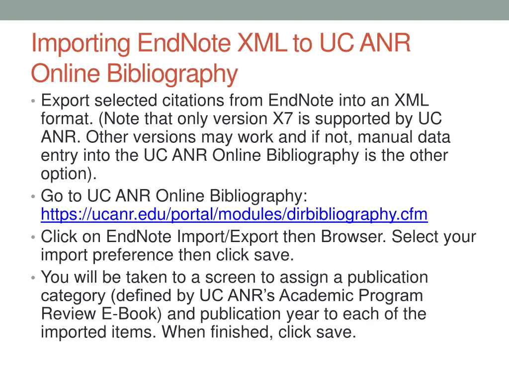 importing endnote xml to uc anr online