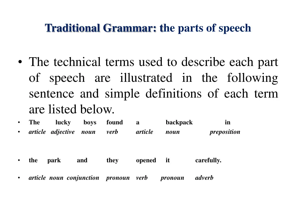 traditional grammar the parts of speech