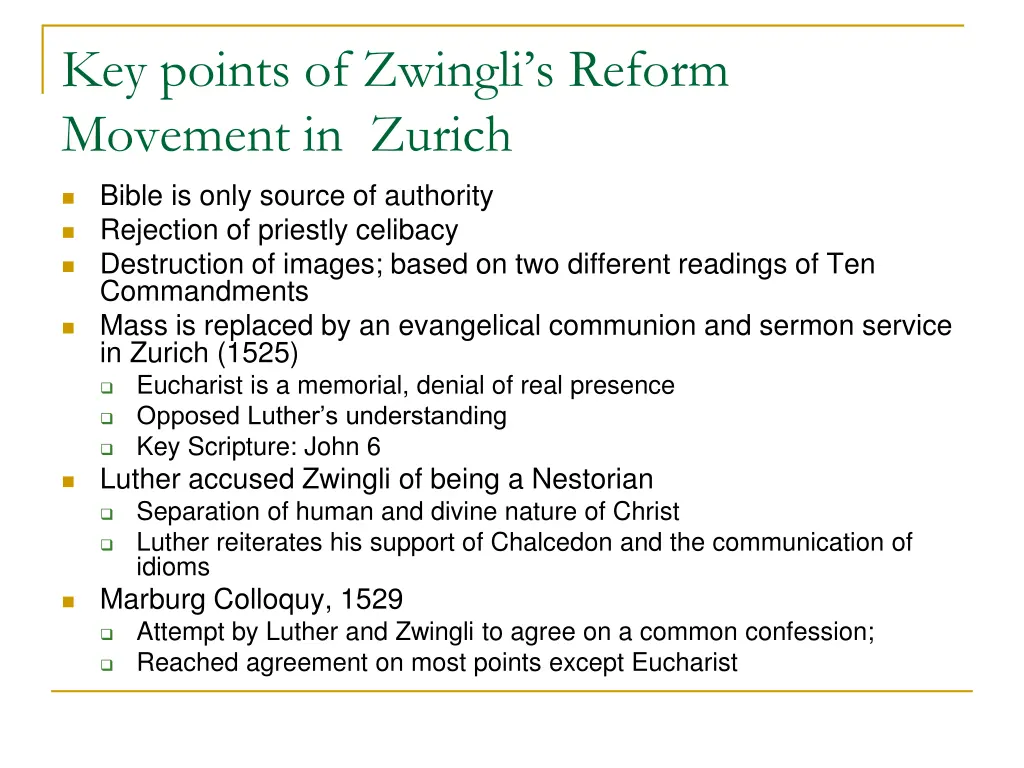key points of zwingli s reform movement in zurich