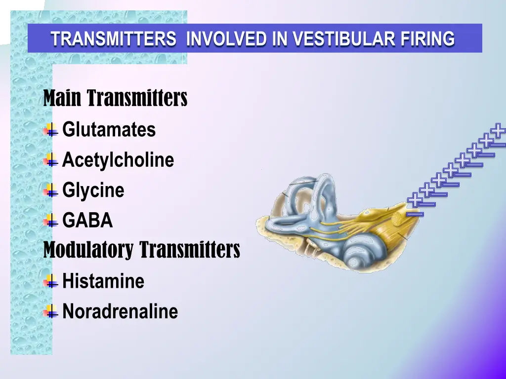 transmitters involved in vestibular firing