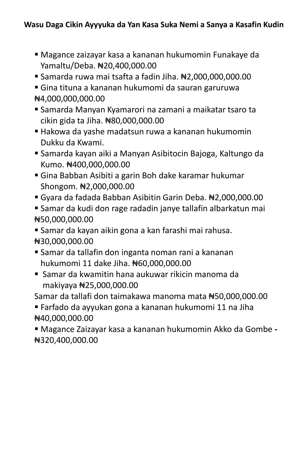 wasu daga cikin ayyyuka da yan kasa suka nemi