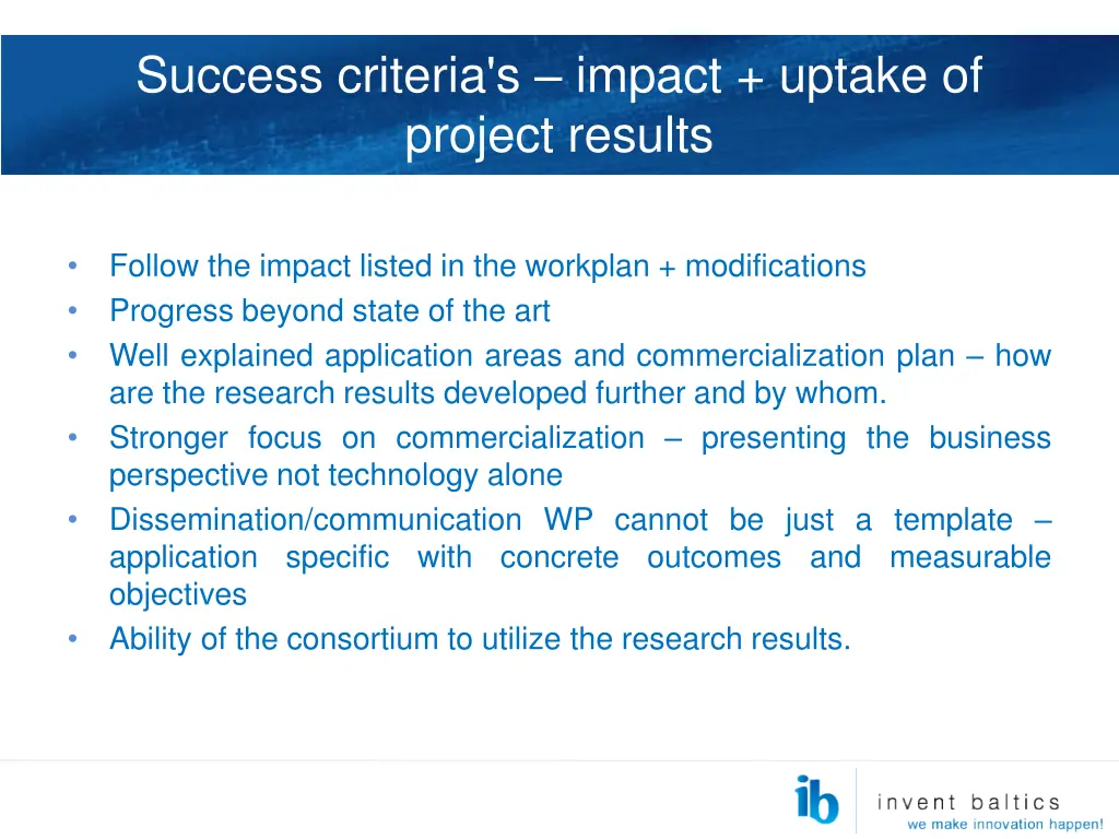 success criteria s impact uptake of project