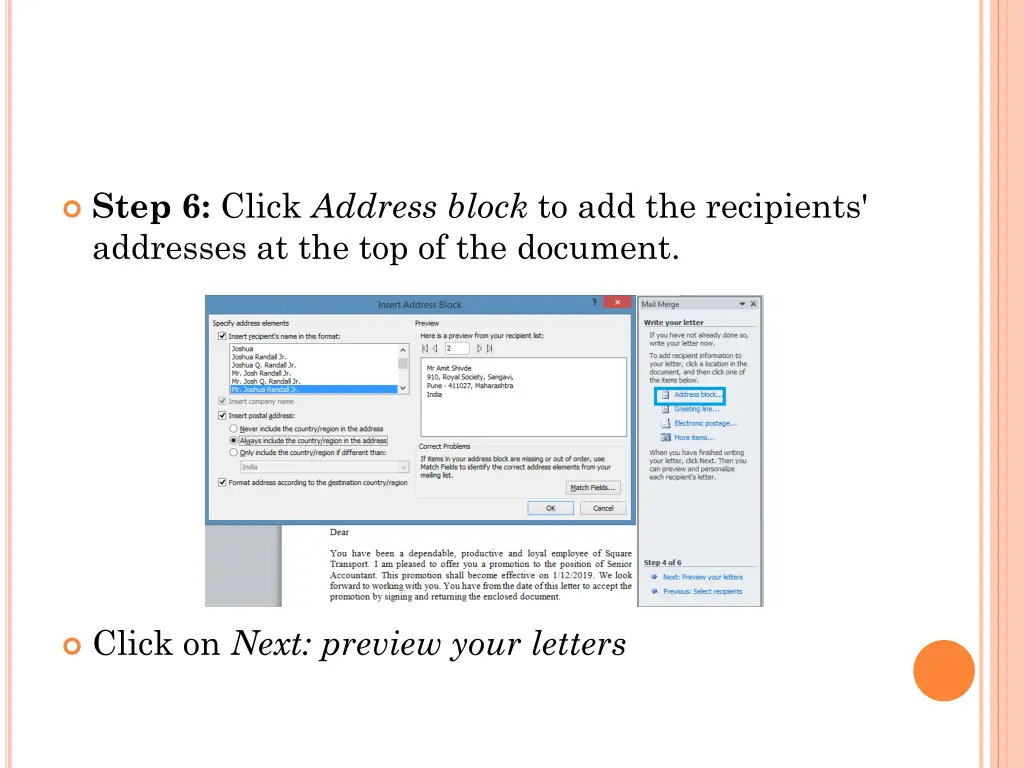 step 6 click address block to add the recipients