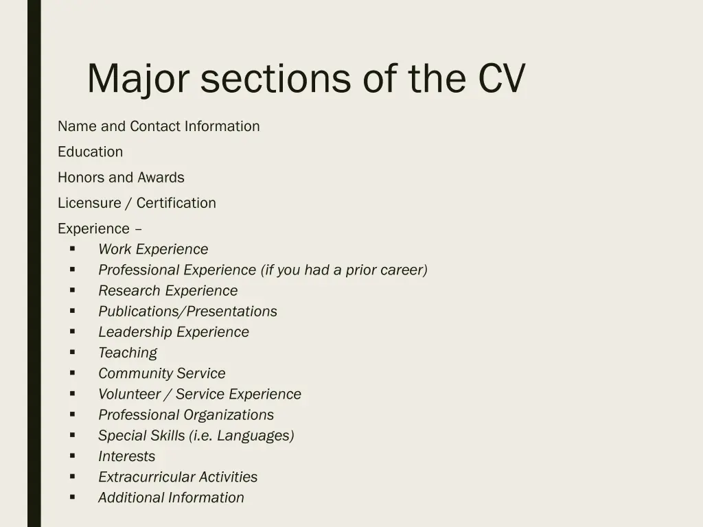 major sections of the cv