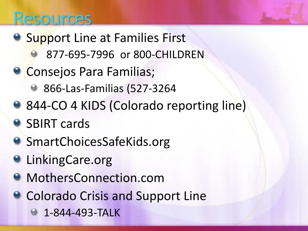 resources support line at families first
