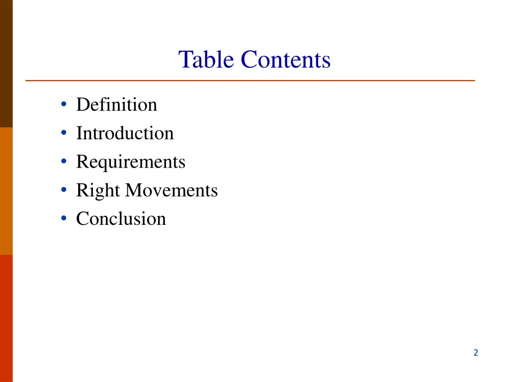 table contents