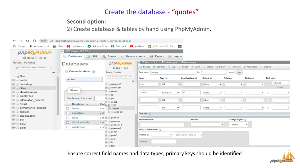 create the database quotes second option 2 create