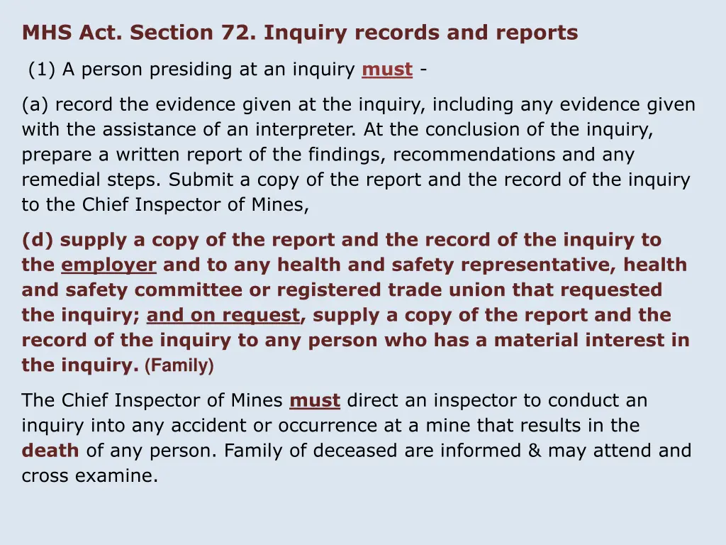 mhs act section 72 inquiry records and reports