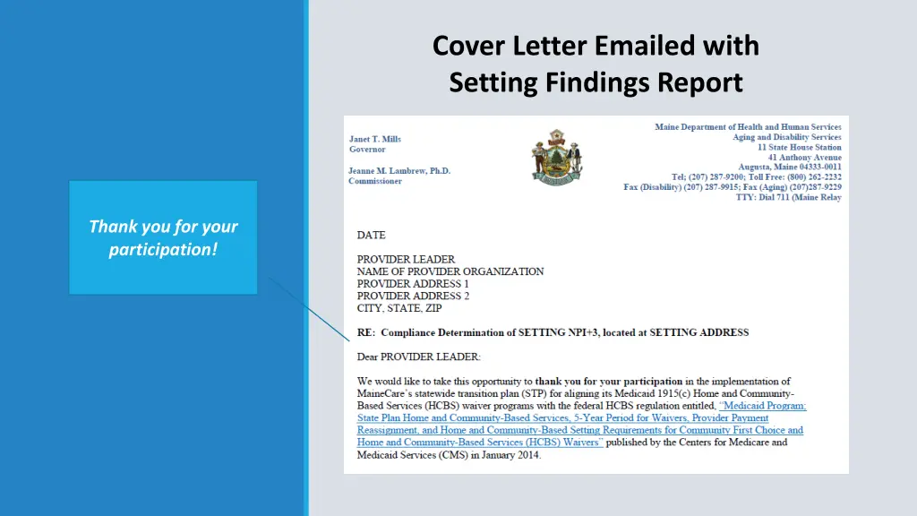cover letter emailed with setting findings report