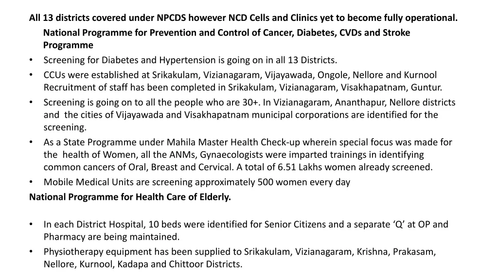 all 13 districts covered under npcds however