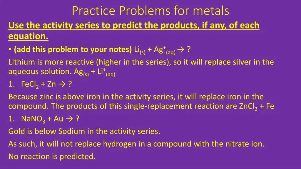 practice problems for metals use the activity