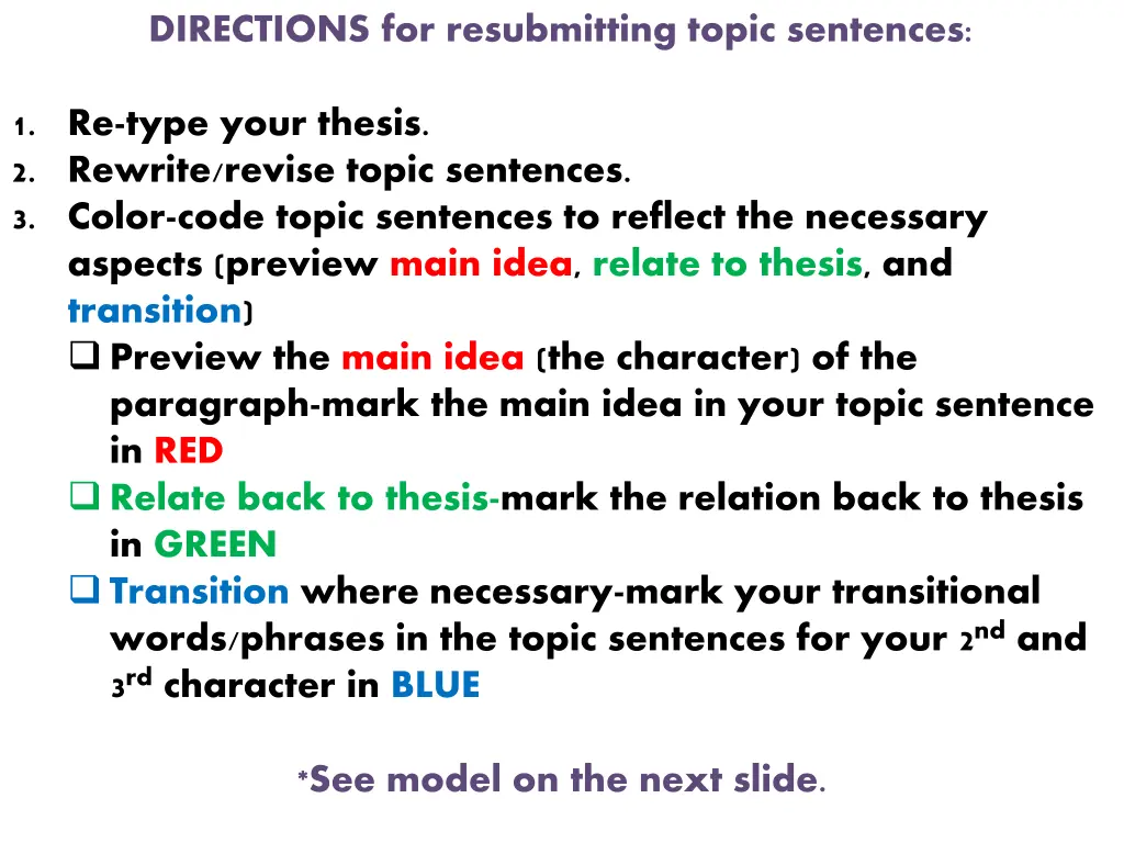 directions for resubmitting topic sentences