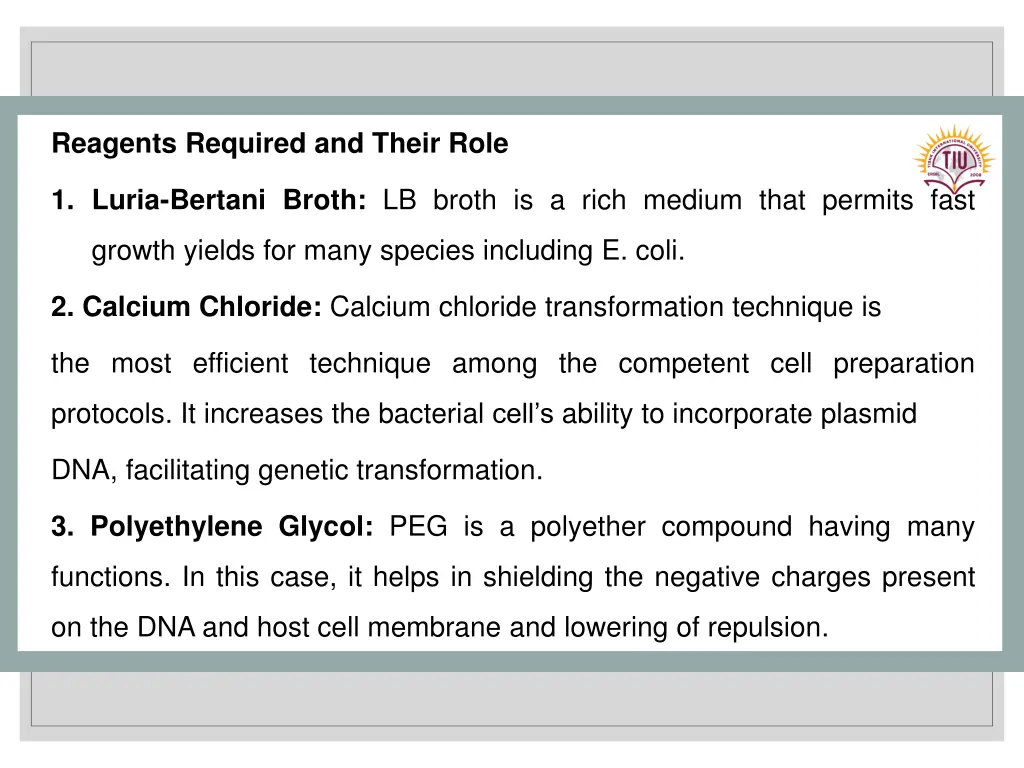 reagents required and their role