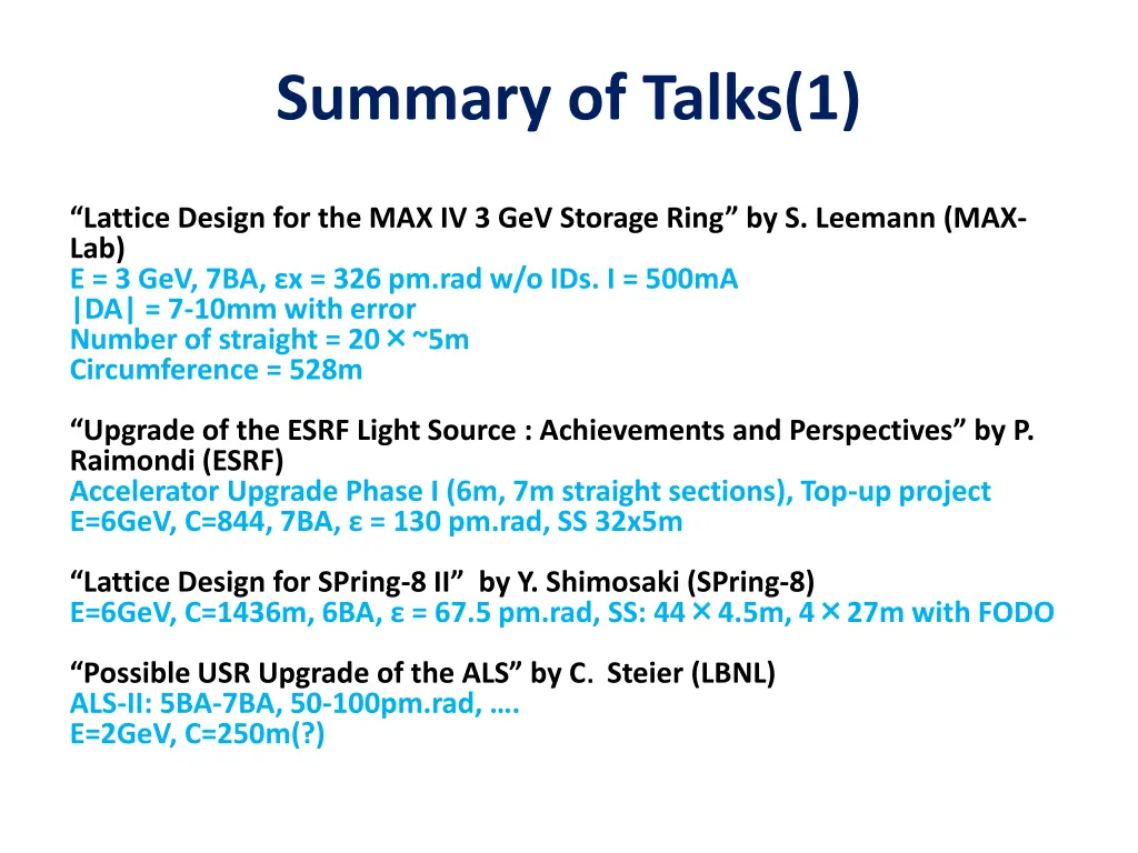 summary of talks 1