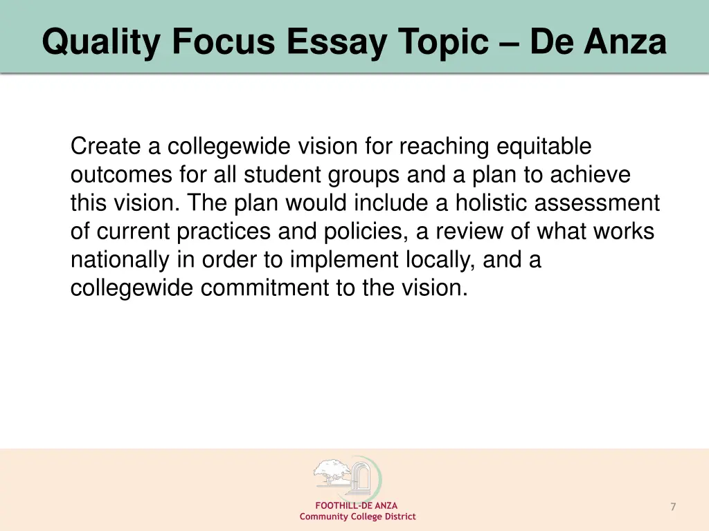 quality focus essay topic de anza