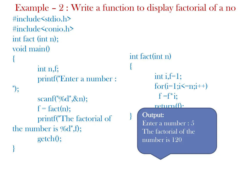 example 2 write a function to display factorial